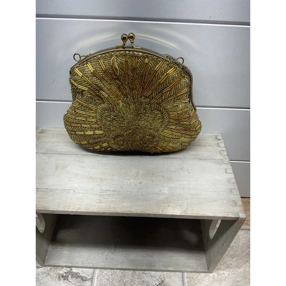 Vintage Gold Beaded Sunburst Evening Bag Kiss Lock Clutch Hong Kong 8x6